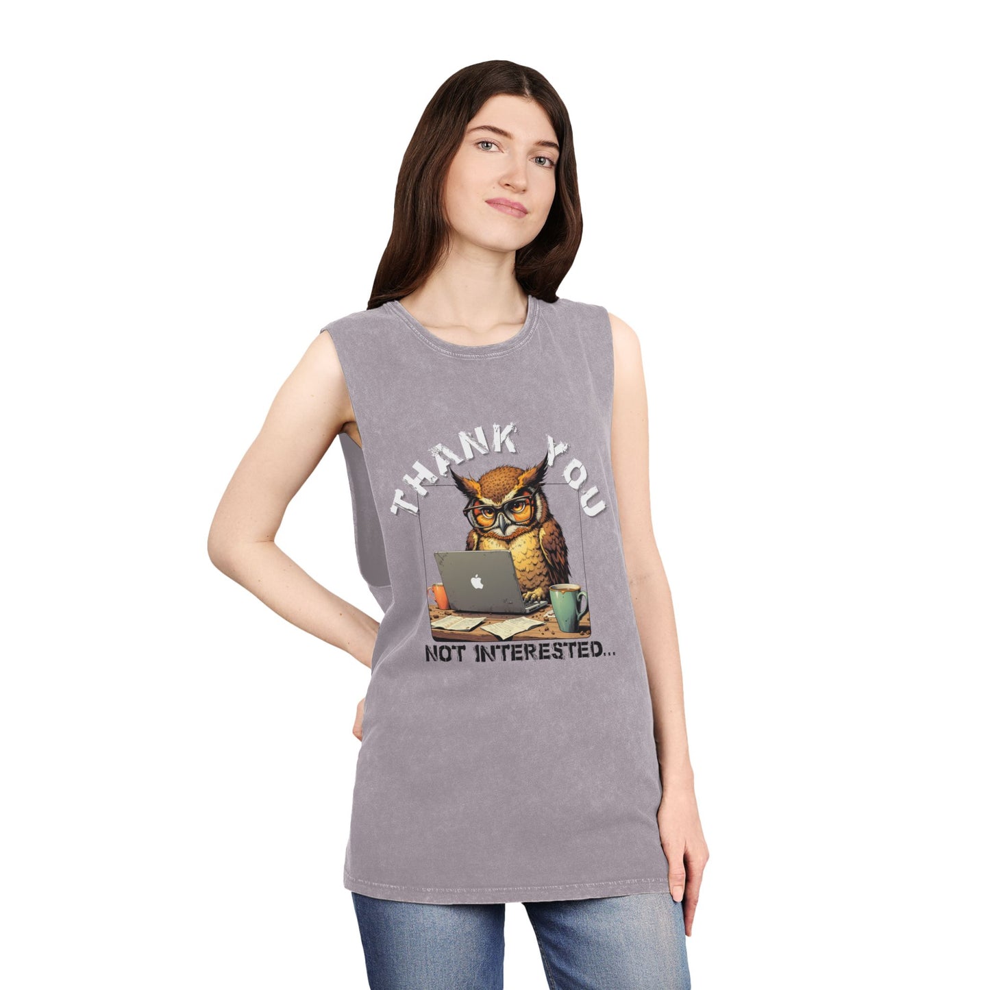 Thank You, Not Interested Tank Top — Funny Owl Laptop Graphic Stonewash Tank