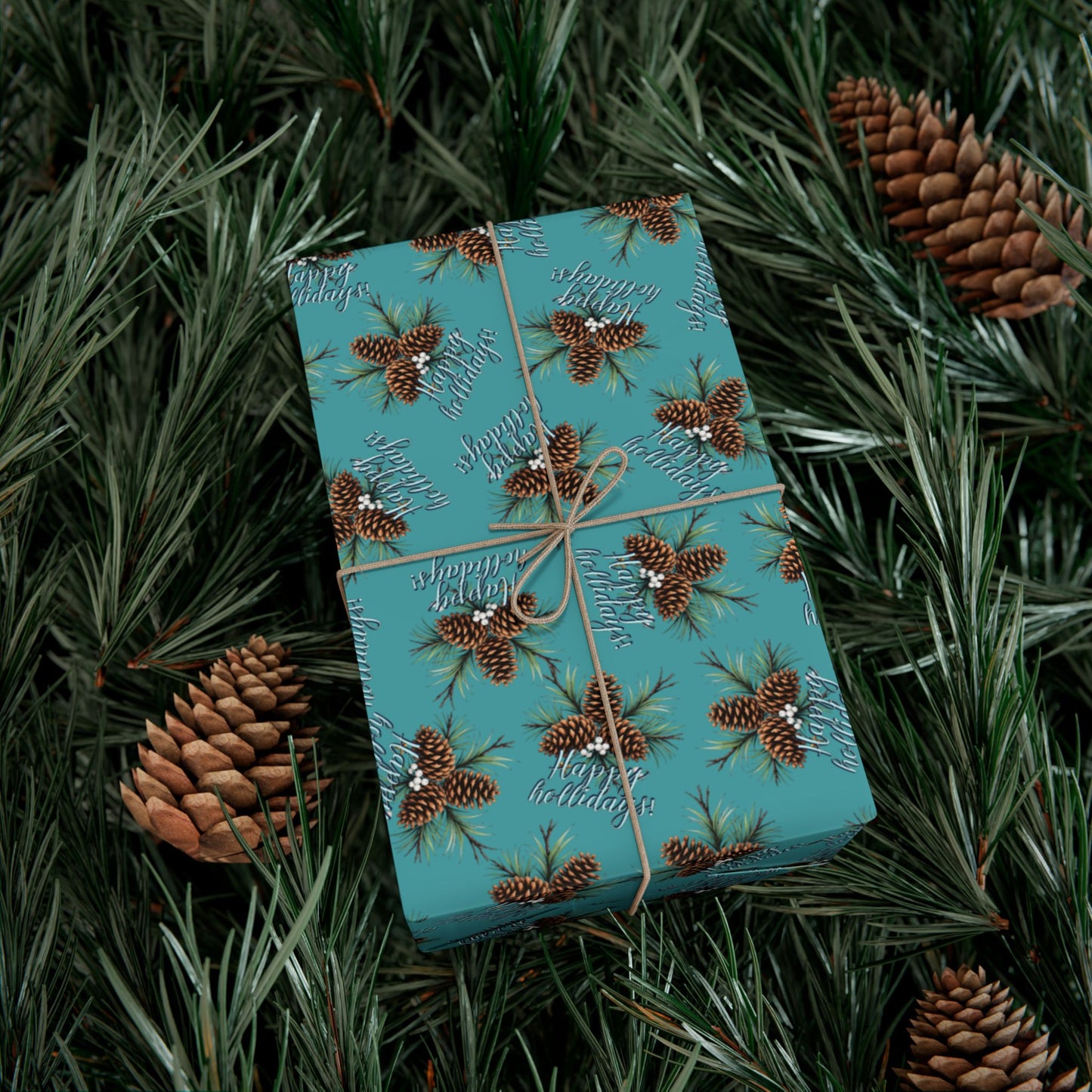 Pinecone & Spruce Teal Gift Wrap Paper – Rustic Holiday Wrapping Sheets
