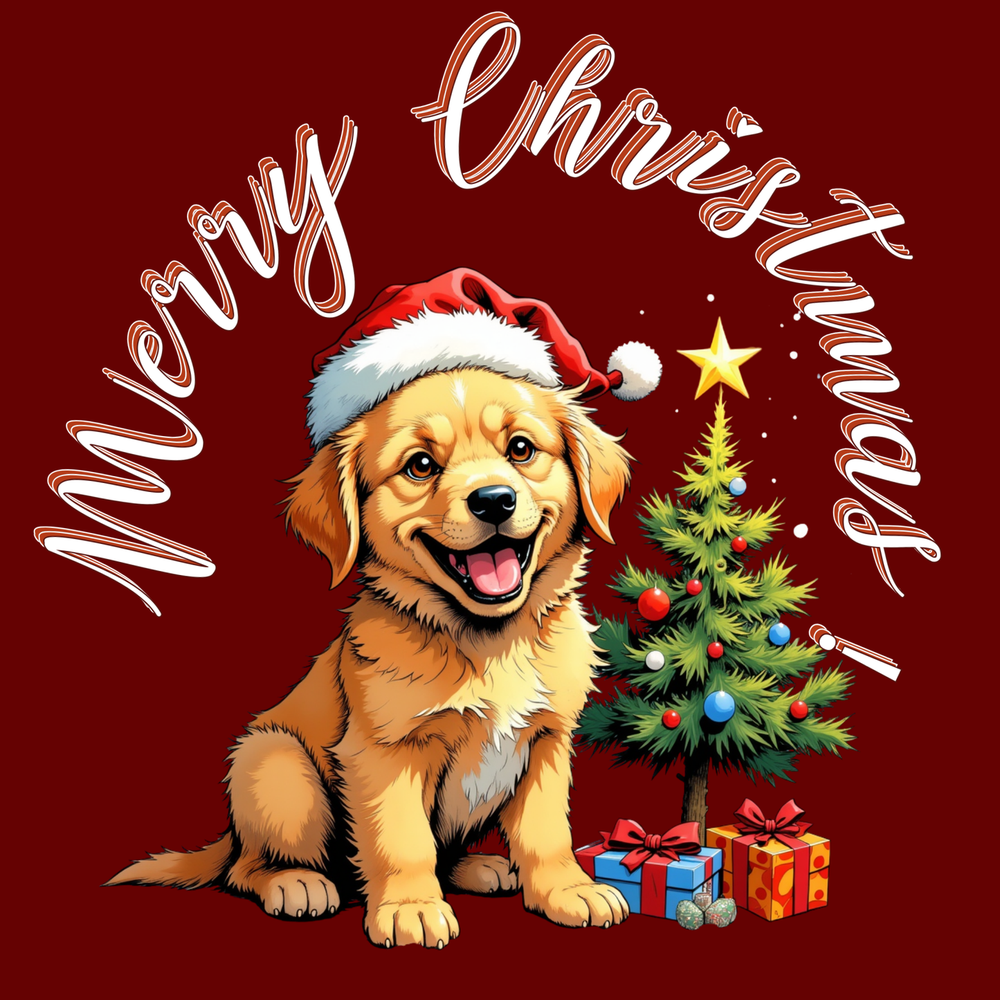 Gift Wrap Paper - Cute Golden Retriever Christmas Pattern (Maroon, "Merry Christmas")