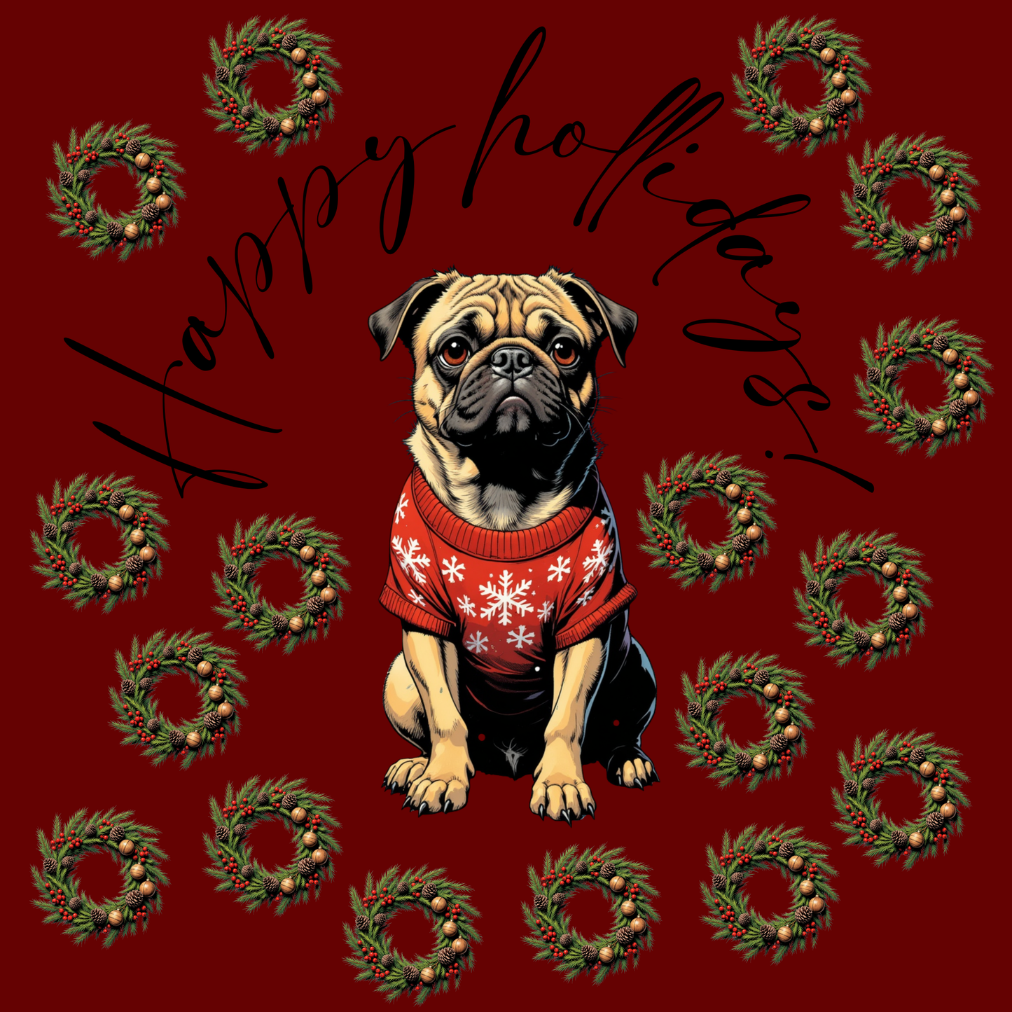 Pug Pattern Gift Wrap Paper — Vintage Floral Red Holiday Wrapping