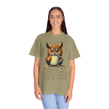 Coffee Owl T‑Shirt - "Touch My Coffee and You'll Need a New Hand" Graphic Tee