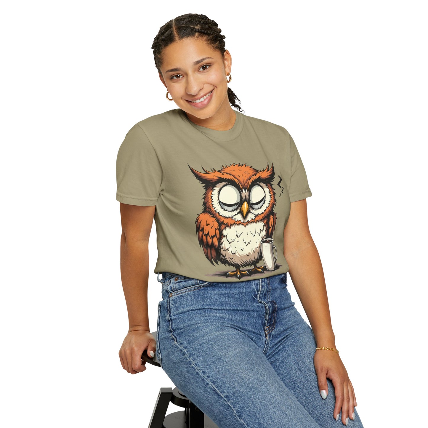 Sleepy Owl Coffee T-Shirt — "Gimme a Minute" Cute Morning Tee