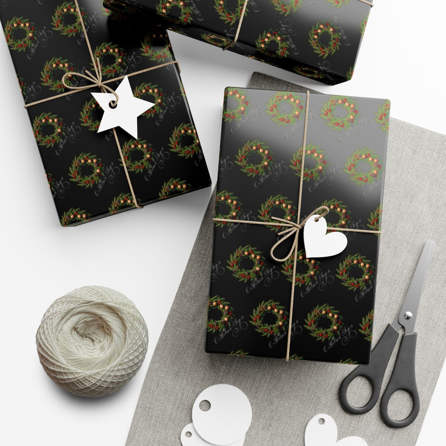Wreath Pattern Gift Wrap Paper – Black & Gold Holiday Wrapping Sheets