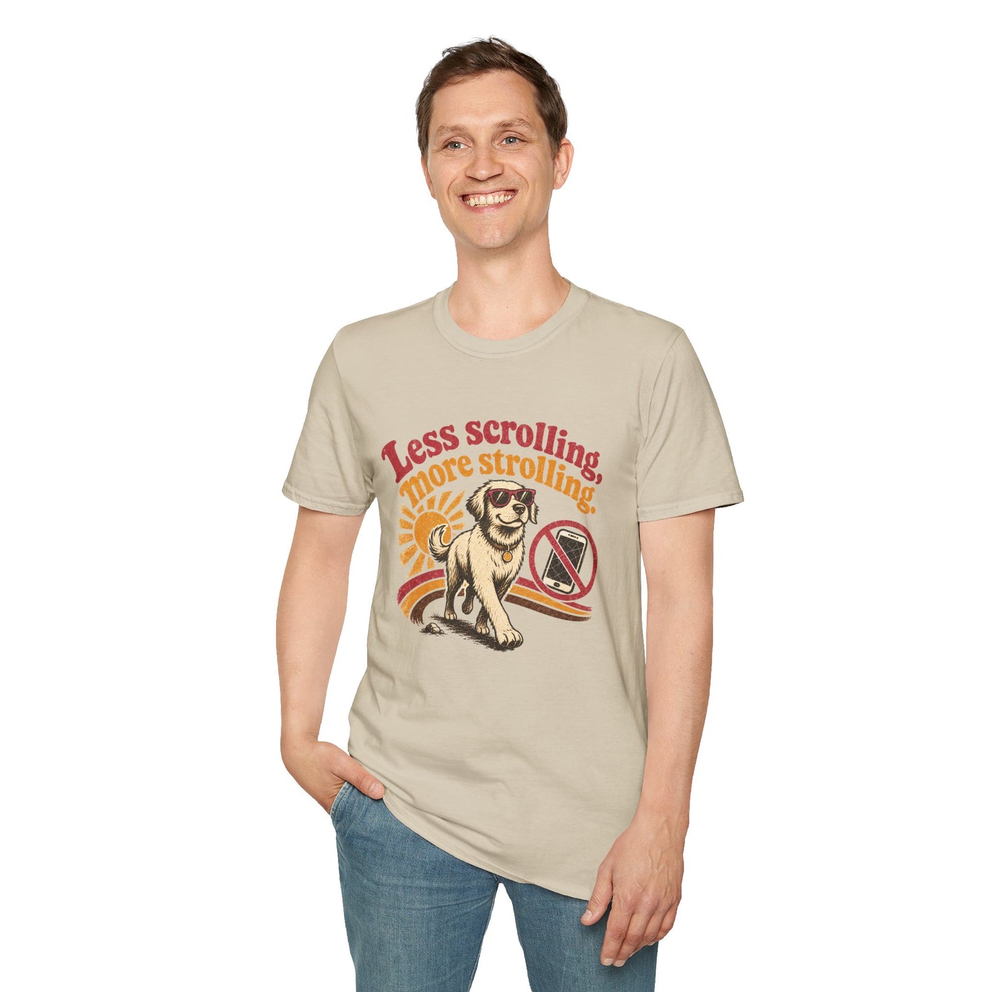 Less Scrolling More Strolling T-Shirt — Retro Dog Walk Graphic Tee