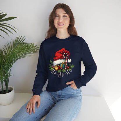 Christmas Sweatshirt - 'Ho-Ho-Ho' Santa Hat & Holly Holiday Crewneck