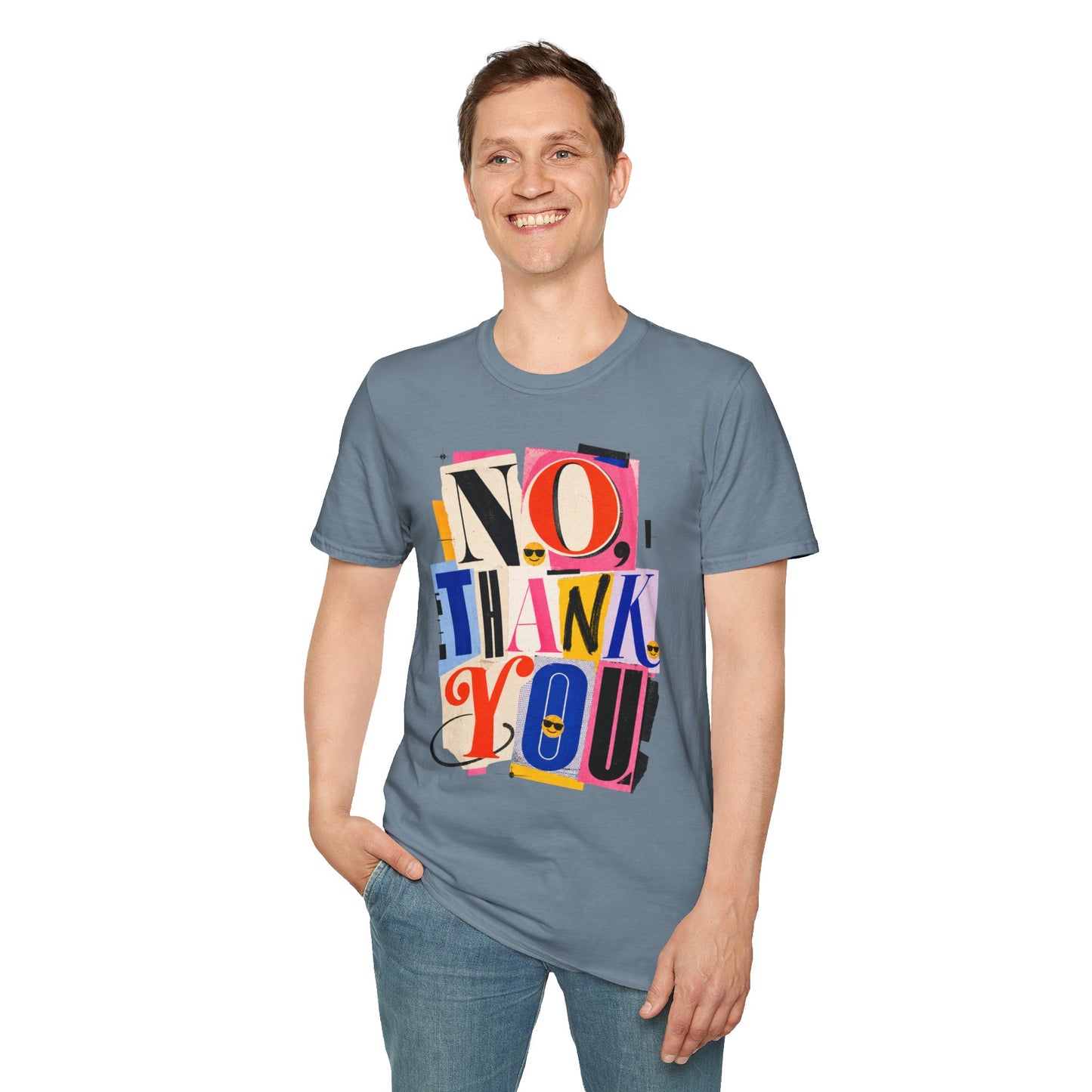 No, Thank You Graphic Tee — Colorful Bold Lettering T‑Shirt