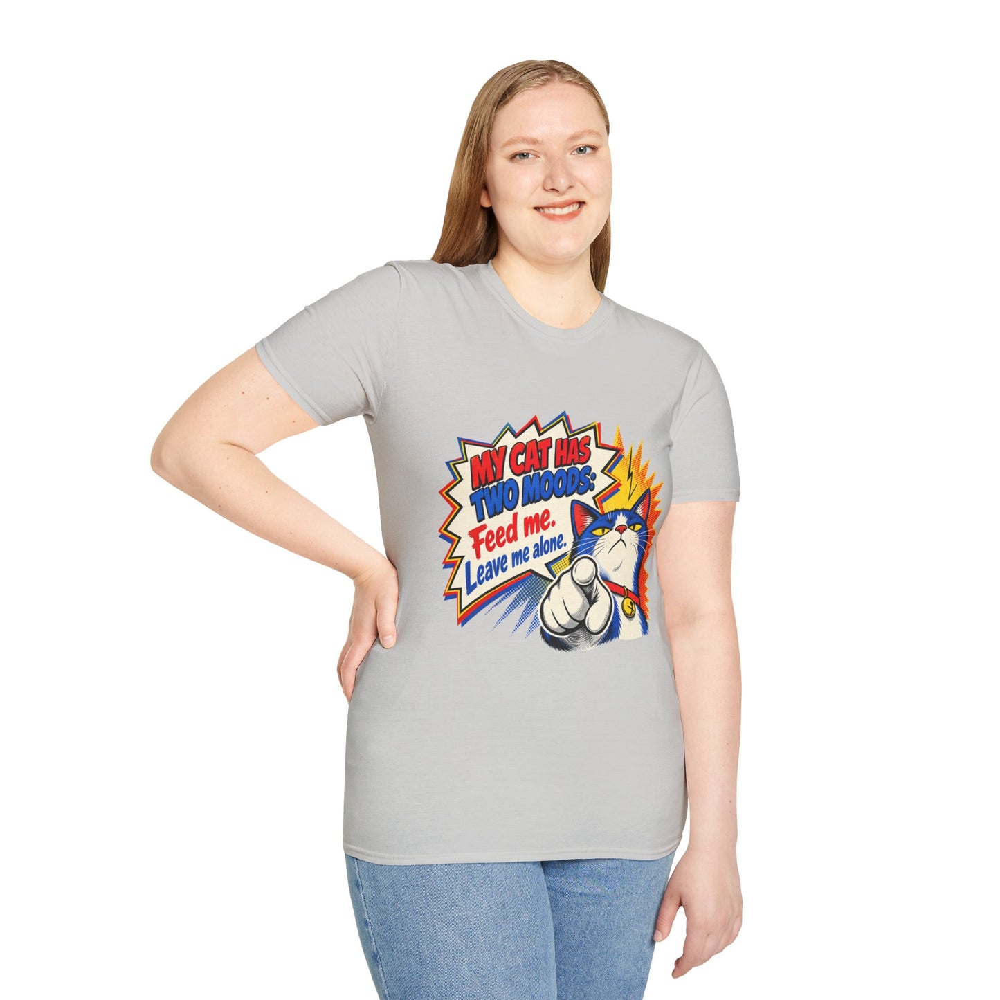 Cat T-Shirt — "My Cat Has Two Moods: Feed Me, Leave Me Alone" Funny Retro Comic Tee