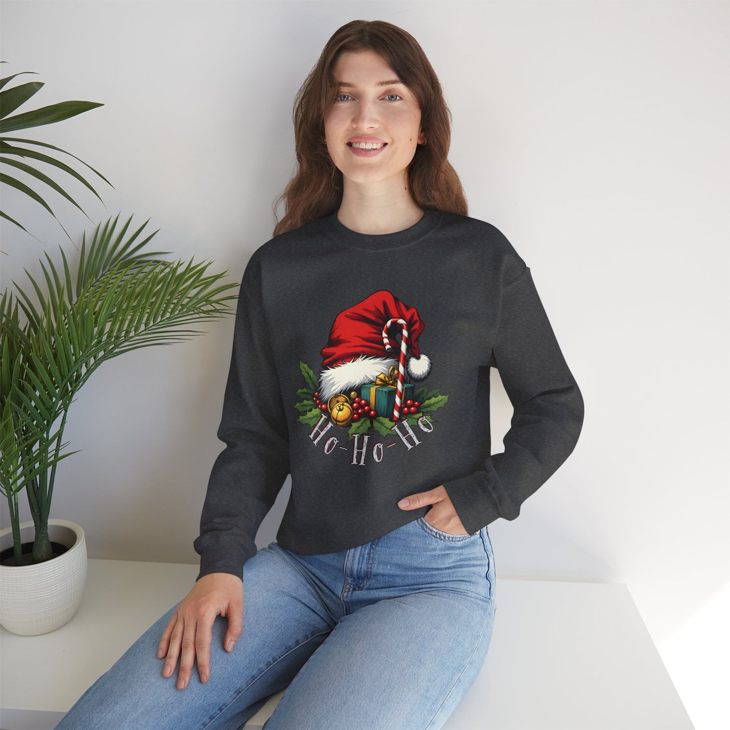 Christmas Sweatshirt - 'Ho-Ho-Ho' Santa Hat & Holly Holiday Crewneck