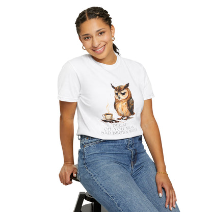 Owl Tea Graphic T-Shirt — “Decaf? Of Course I Mean Half‑Caf With Water”