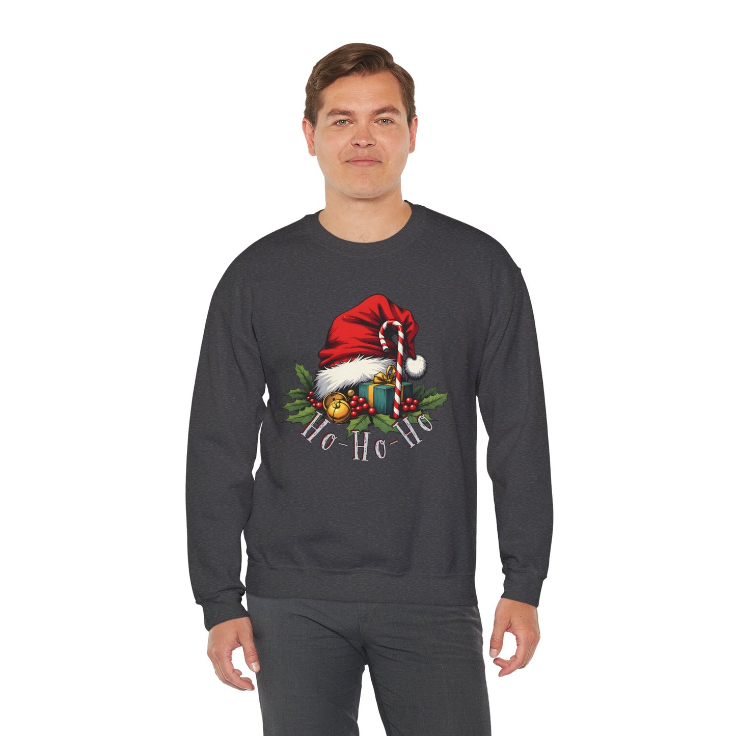 Christmas Sweatshirt - 'Ho-Ho-Ho' Santa Hat & Holly Holiday Crewneck