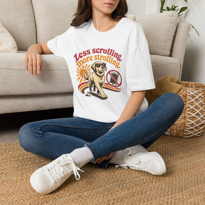 Less Scrolling More Strolling T-Shirt — Retro Dog Walk Graphic Tee