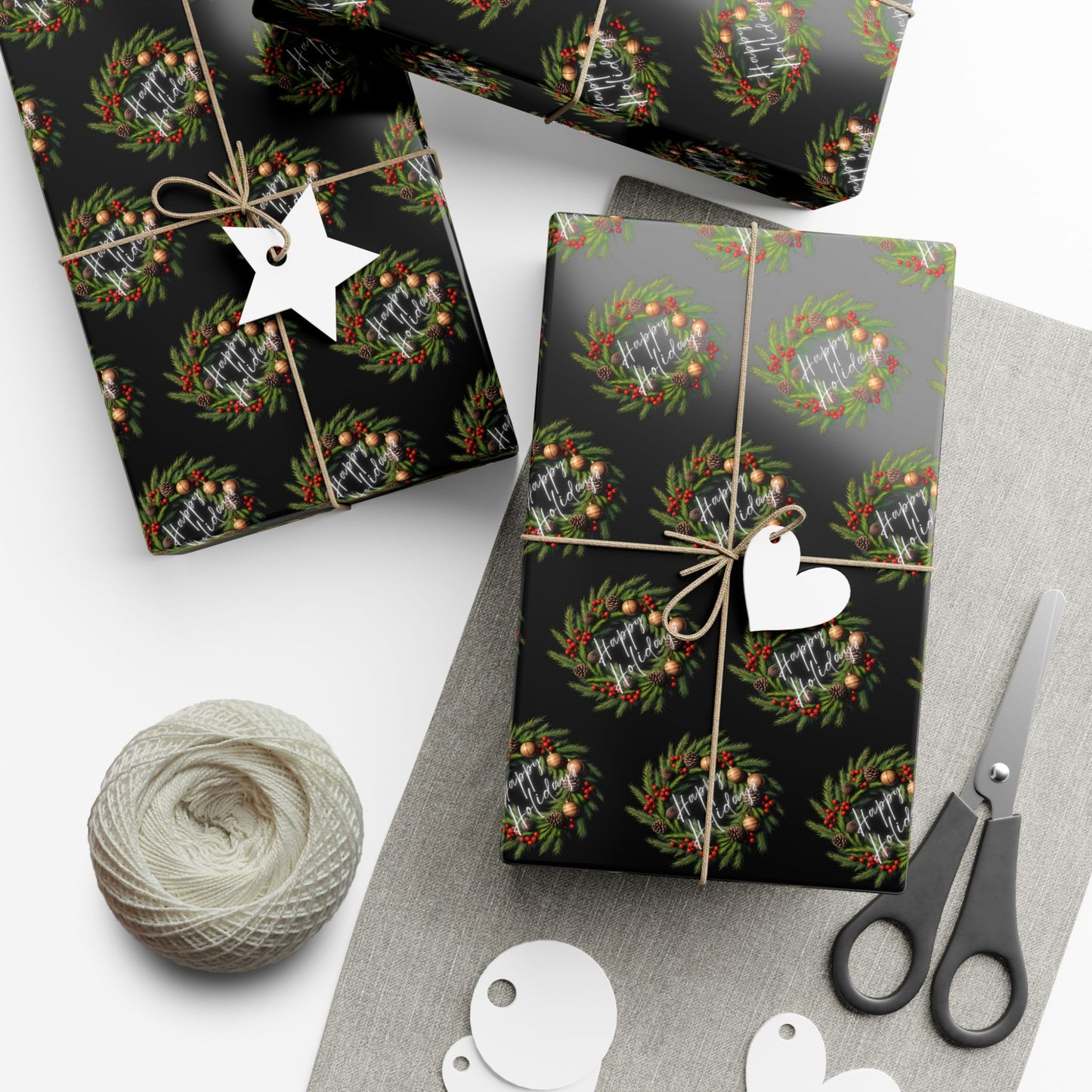 Christmas Wreath Gift Wrap Paper — Dark Holiday Wrapping Paper (Pack)