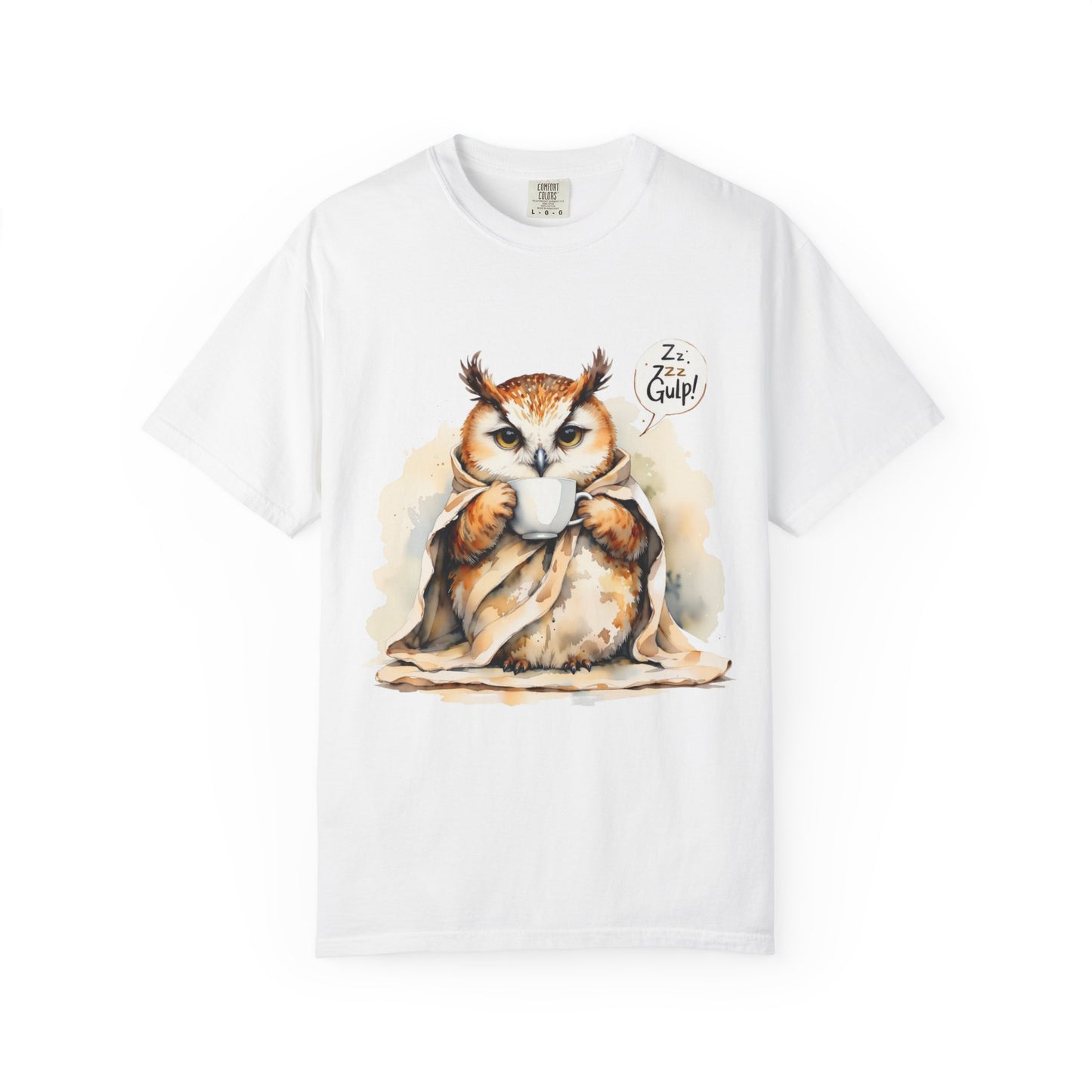 Cozy Owl Drinking Coffee T-Shirt – 'Zzz... Gulp!' Cute Morning Graphic Tee