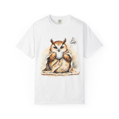 Cozy Owl Drinking Coffee T-Shirt – 'Zzz... Gulp!' Cute Morning Graphic Tee