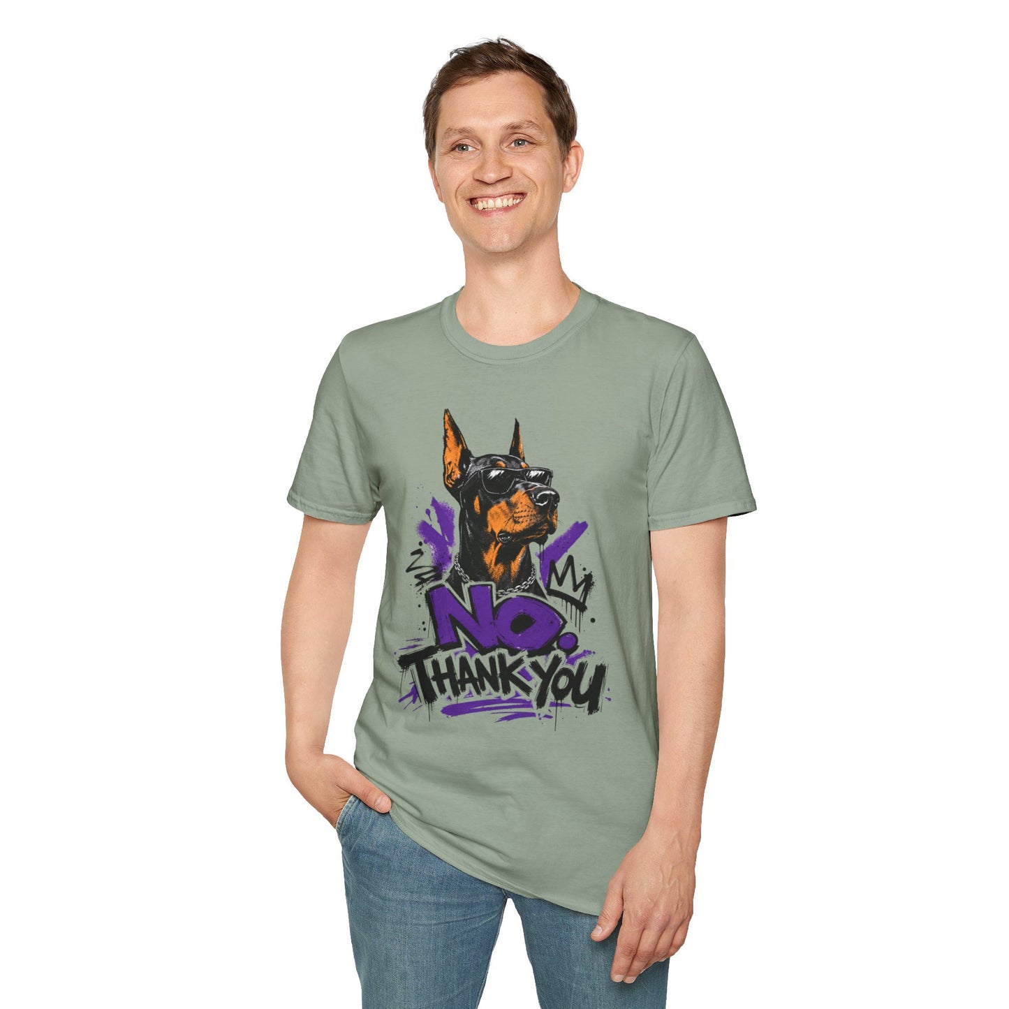 Doberman Graphic Tee — 'No, Thank You' Street Art T-Shirt