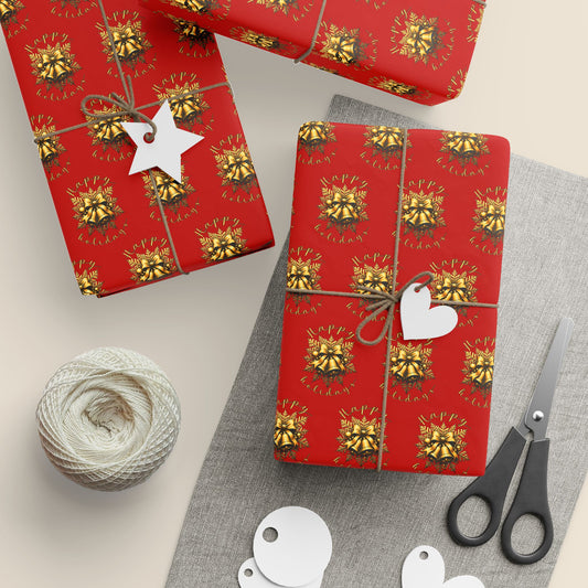 Christmas Wrapping Paper – Red with Gold Pinecone Pattern