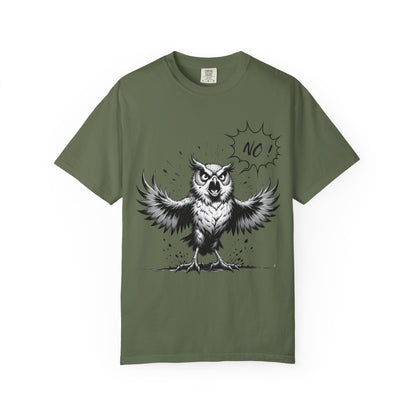 Owl Saying “No” Graphic T-Shirt — Bold Monochrome Illustration