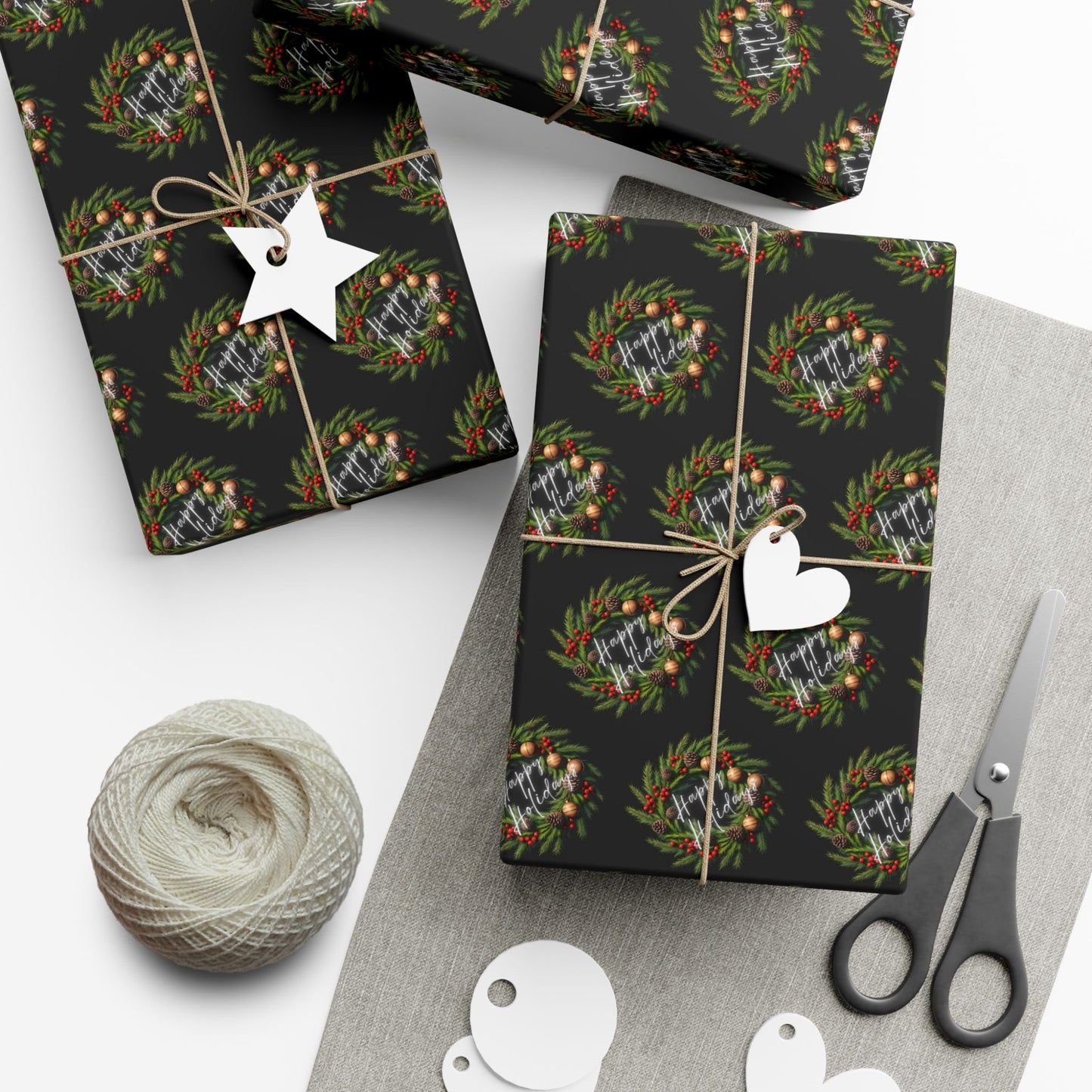 Christmas Wreath Gift Wrap Paper — Dark Holiday Wrapping Paper (Pack)