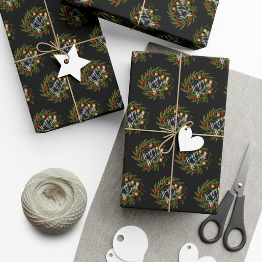 Christmas Wreath Gift Wrap Paper — Dark Holiday Wrapping Paper (Pack)
