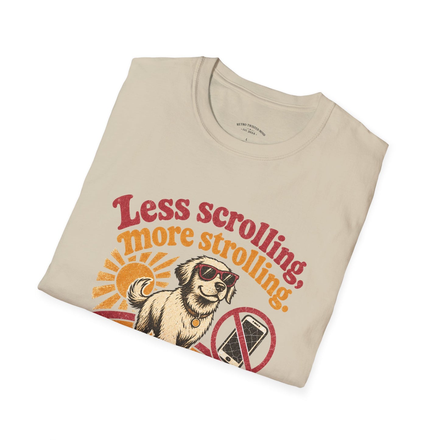 Less Scrolling More Strolling T-Shirt — Retro Dog Walk Graphic Tee