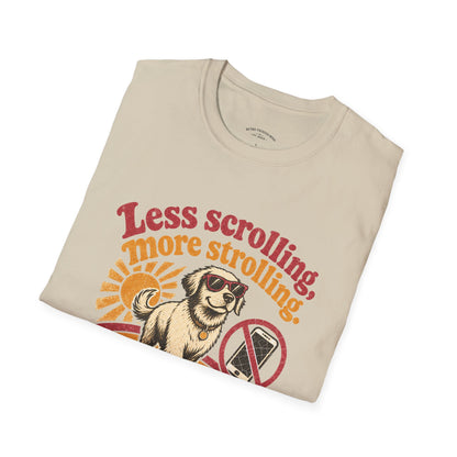 Less Scrolling More Strolling T-Shirt — Retro Dog Walk Graphic Tee