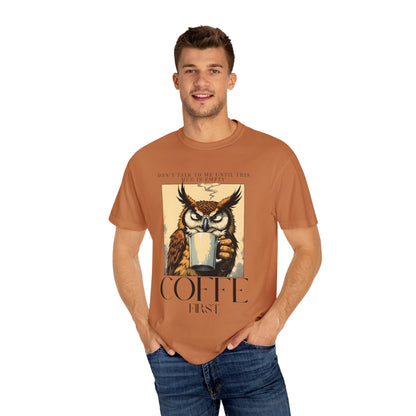 Coffee First Owl T-Shirt — Vintage Coffee Lover Graphic Tee