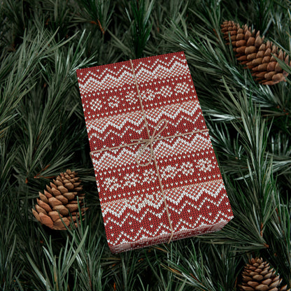 Holiday Knit-Pattern Gift Wrap Paper — Red Nordic Christmas Wrapping Sheets