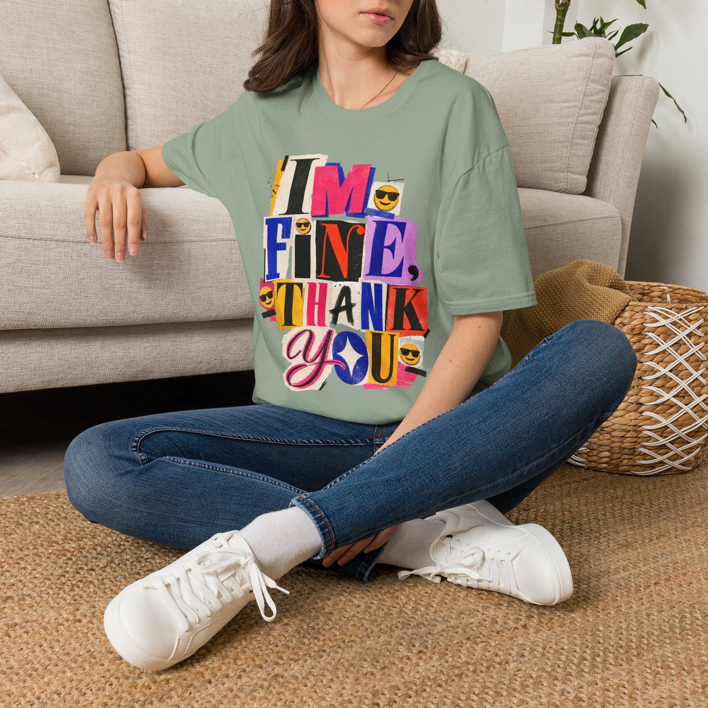 T-Shirt — "I'M FINE, THANK YOU" Retro Collage Graphic Tee