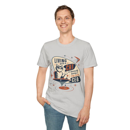 Cat T-Shirt — "Living with a Cat is Basically Having a Furry CEO" Retro Graphic