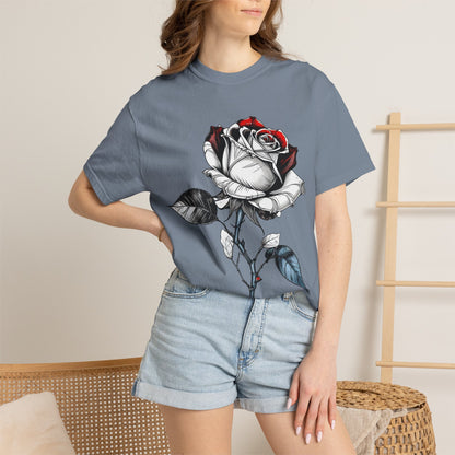 Rose Sketch T-Shirt — Black & Red Botanical Graphic Tee