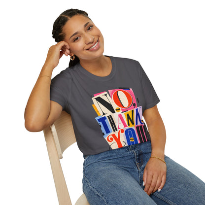 No, Thank You Graphic Tee — Colorful Bold Lettering T‑Shirt