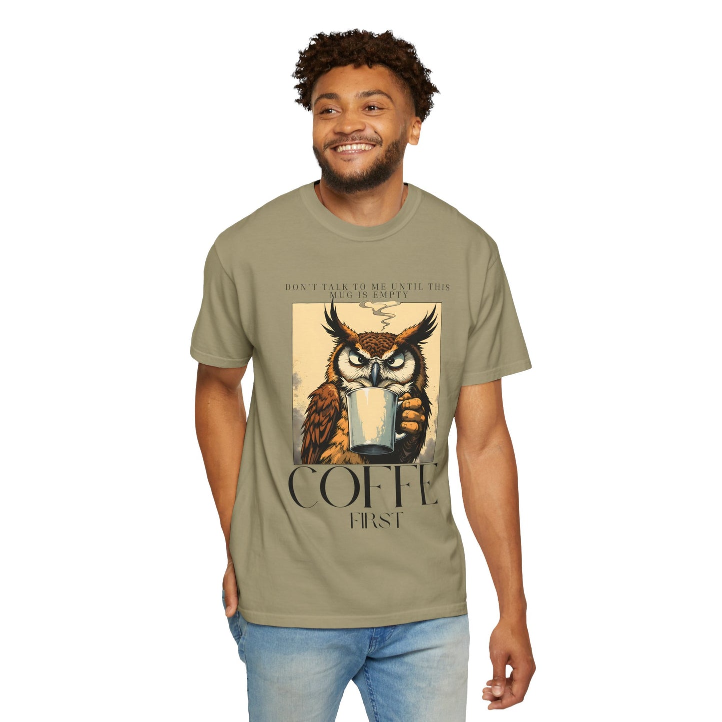 Coffee First Owl T-Shirt — Vintage Coffee Lover Graphic Tee