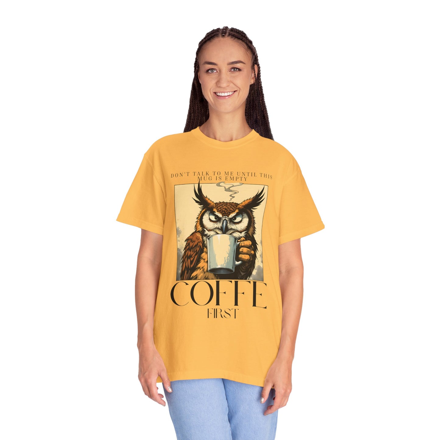 Coffee First Owl T-Shirt — Vintage Coffee Lover Graphic Tee