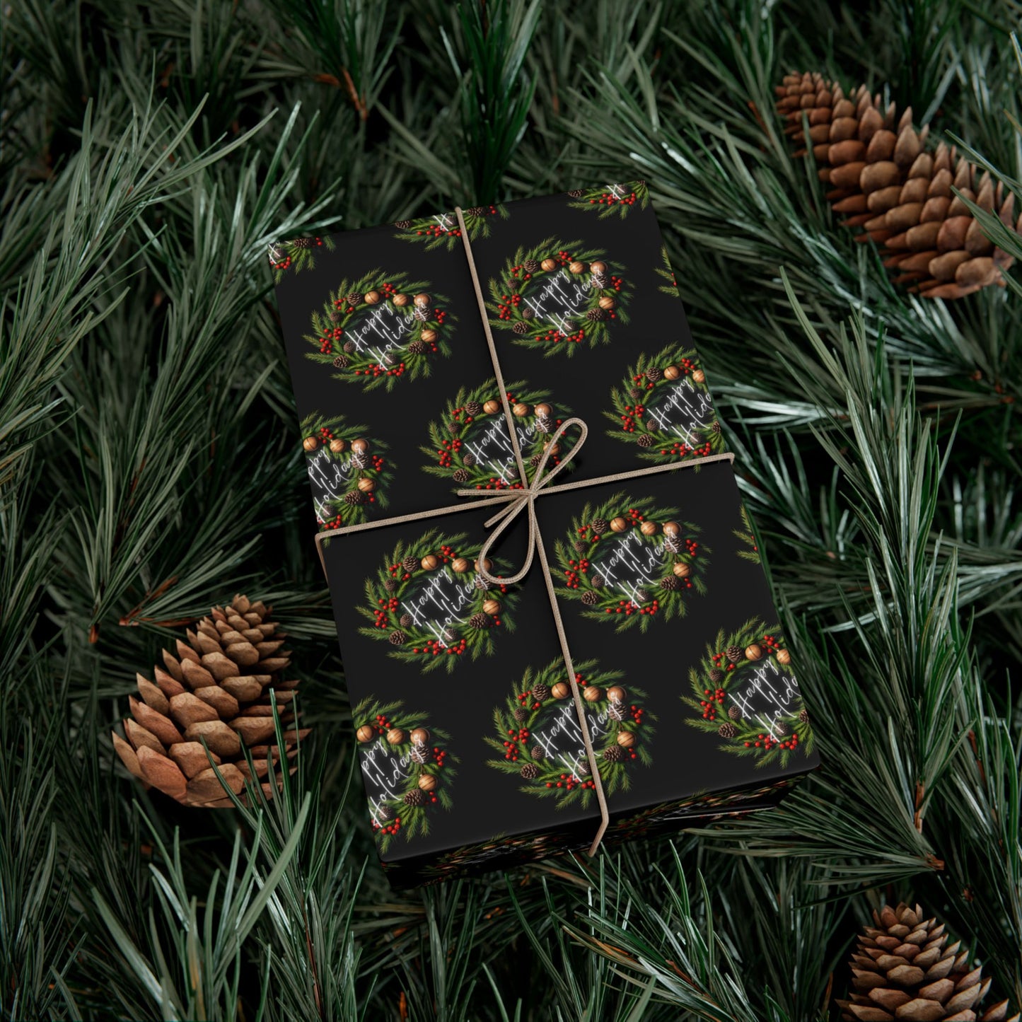 Christmas Wreath Gift Wrap Paper — Dark Holiday Wrapping Paper (Pack)