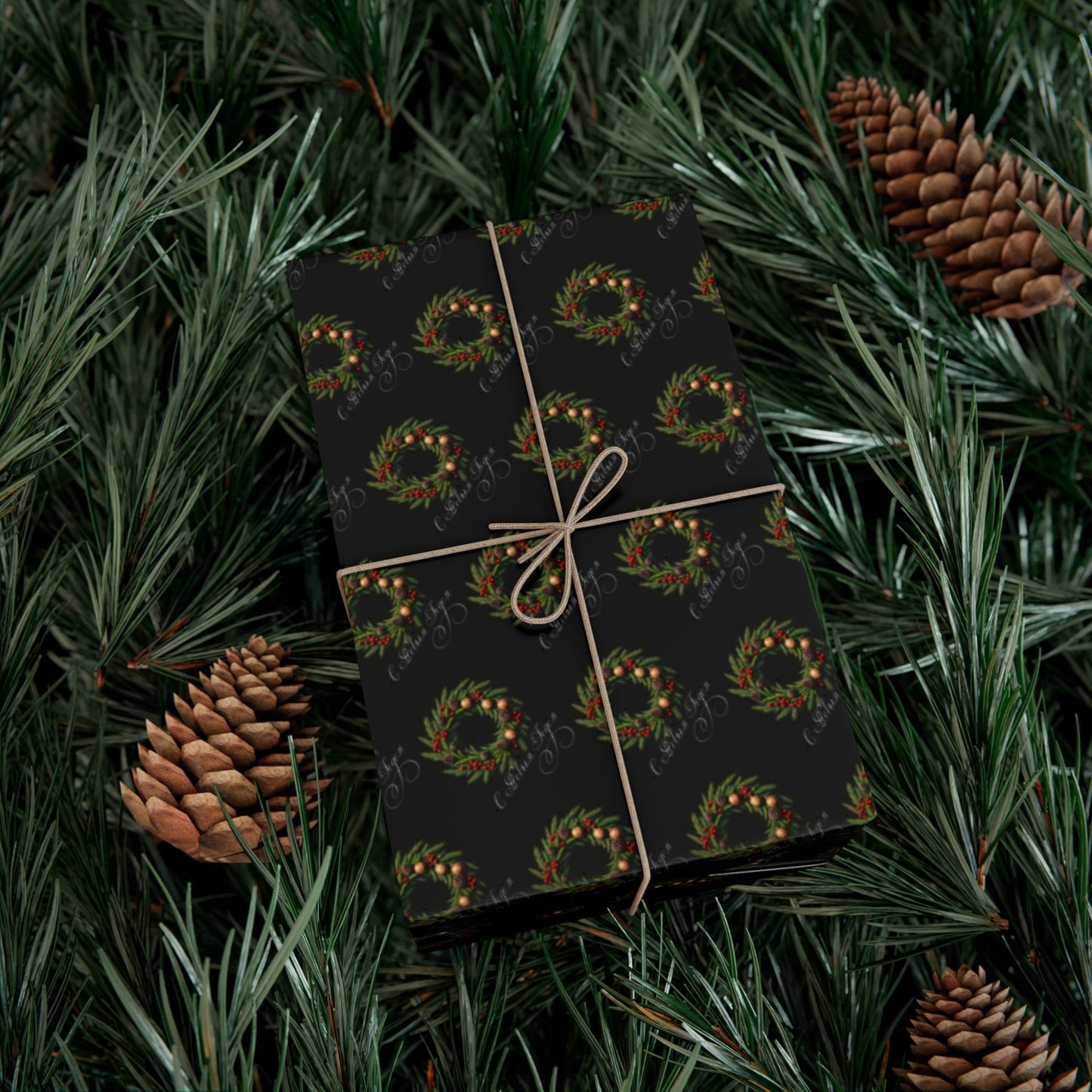 Wreath Pattern Gift Wrap Paper – Black & Gold Holiday Wrapping Sheets