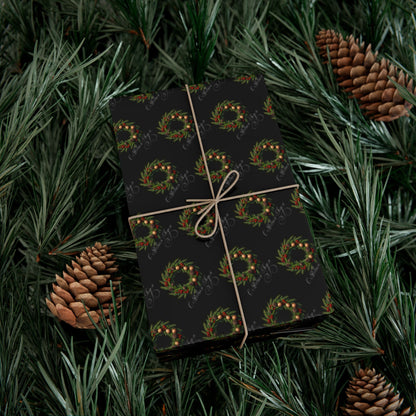 Wreath Pattern Gift Wrap Paper – Black & Gold Holiday Wrapping Sheets