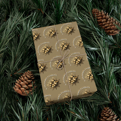Wrapping Paper - Neutral Kraft Gold Bow Pattern Holiday Gift Wrap