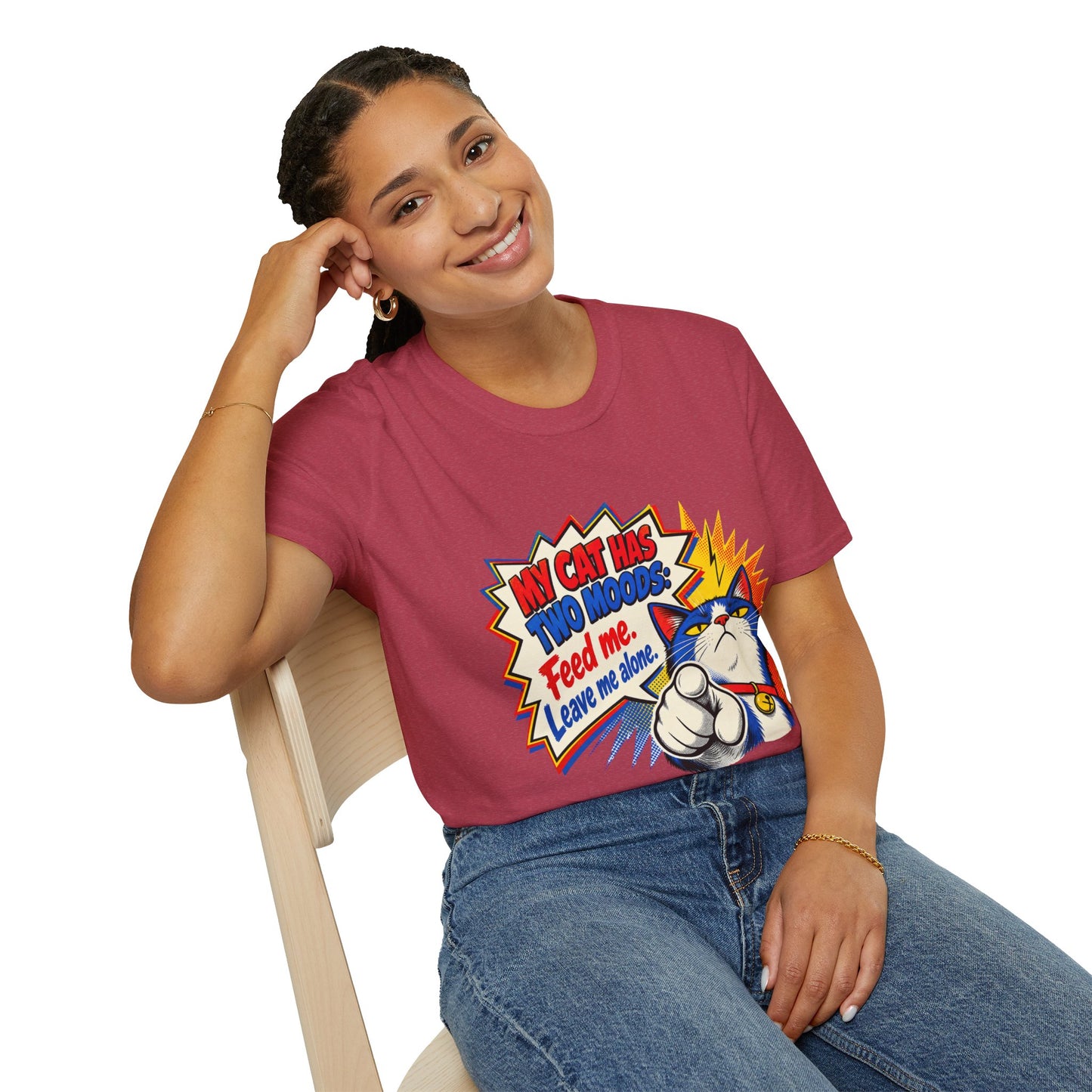 Cat T-Shirt — "My Cat Has Two Moods: Feed Me, Leave Me Alone" Funny Retro Comic Tee