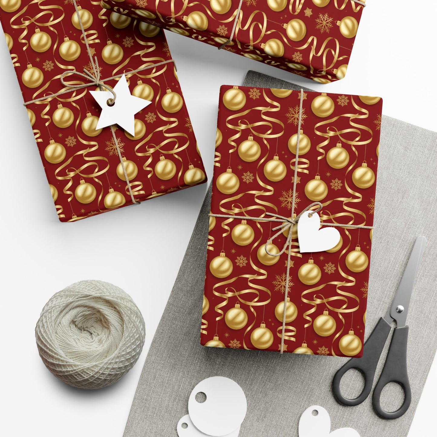 Christmas Gift Wrap Paper - Red & Gold Ornament Pattern, Holiday Wrapping Sheets