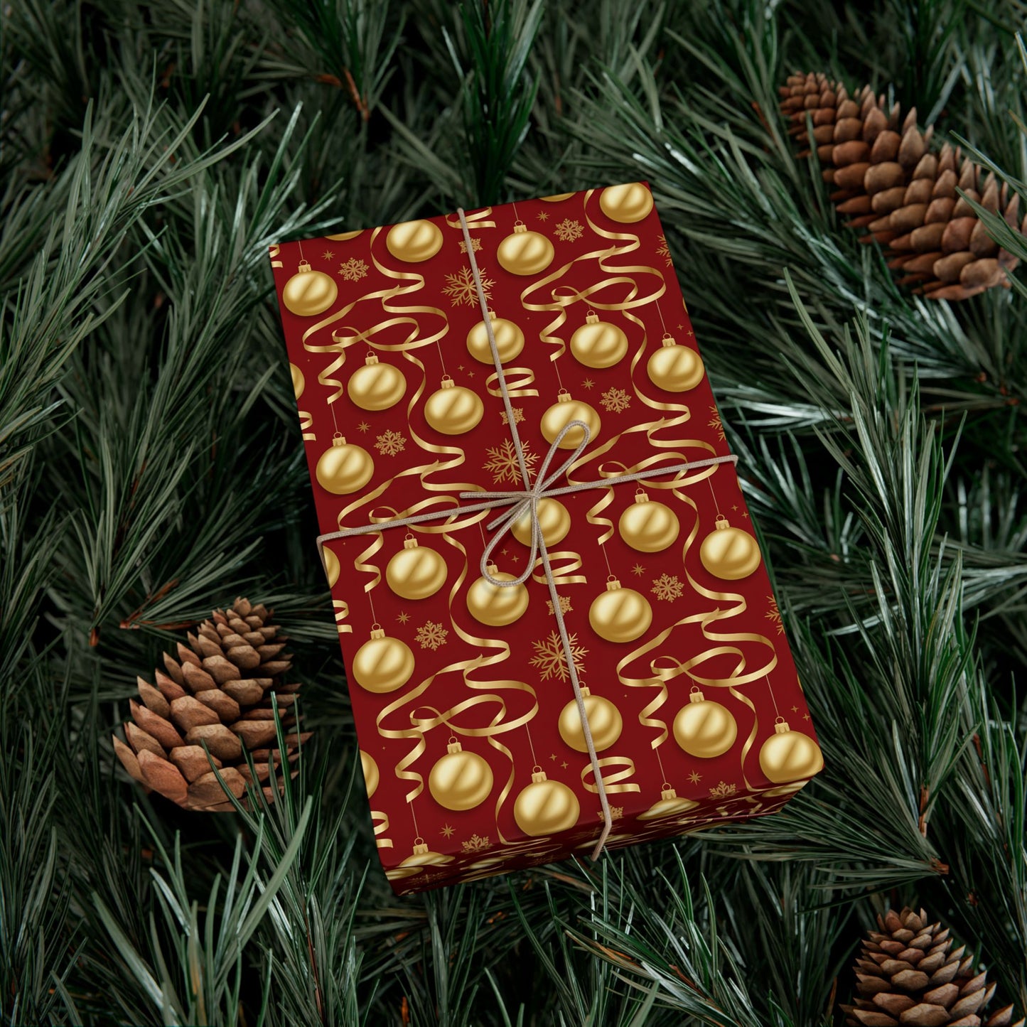 Christmas Gift Wrap Paper - Red & Gold Ornament Pattern, Holiday Wrapping Sheets