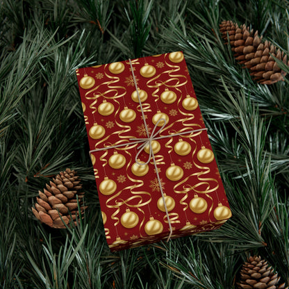 Christmas Gift Wrap Paper - Red & Gold Ornament Pattern, Holiday Wrapping Sheets