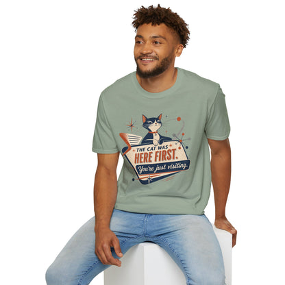Cat Was Here First T-Shirt — Retro Mid-Century Kitty "You’re Just Visiting" Tee