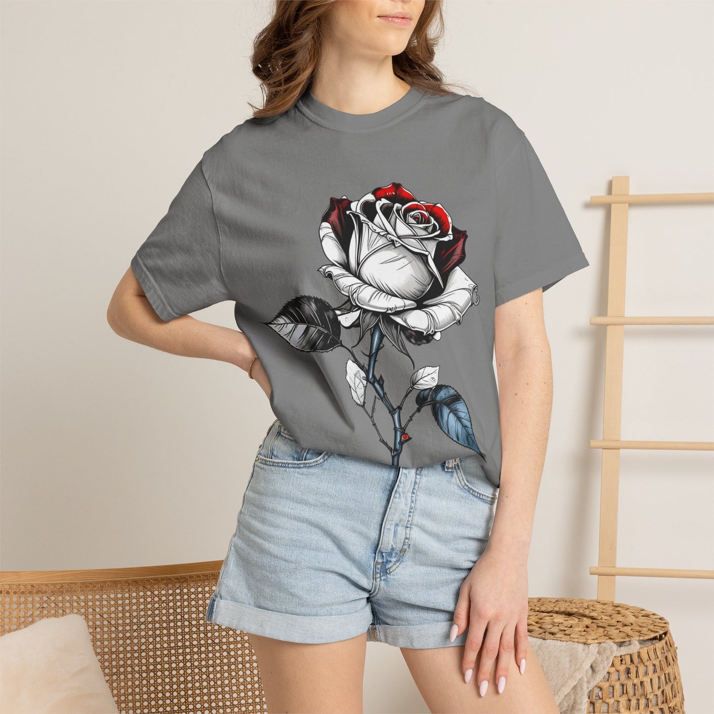 Rose Sketch T-Shirt — Black & Red Botanical Graphic Tee