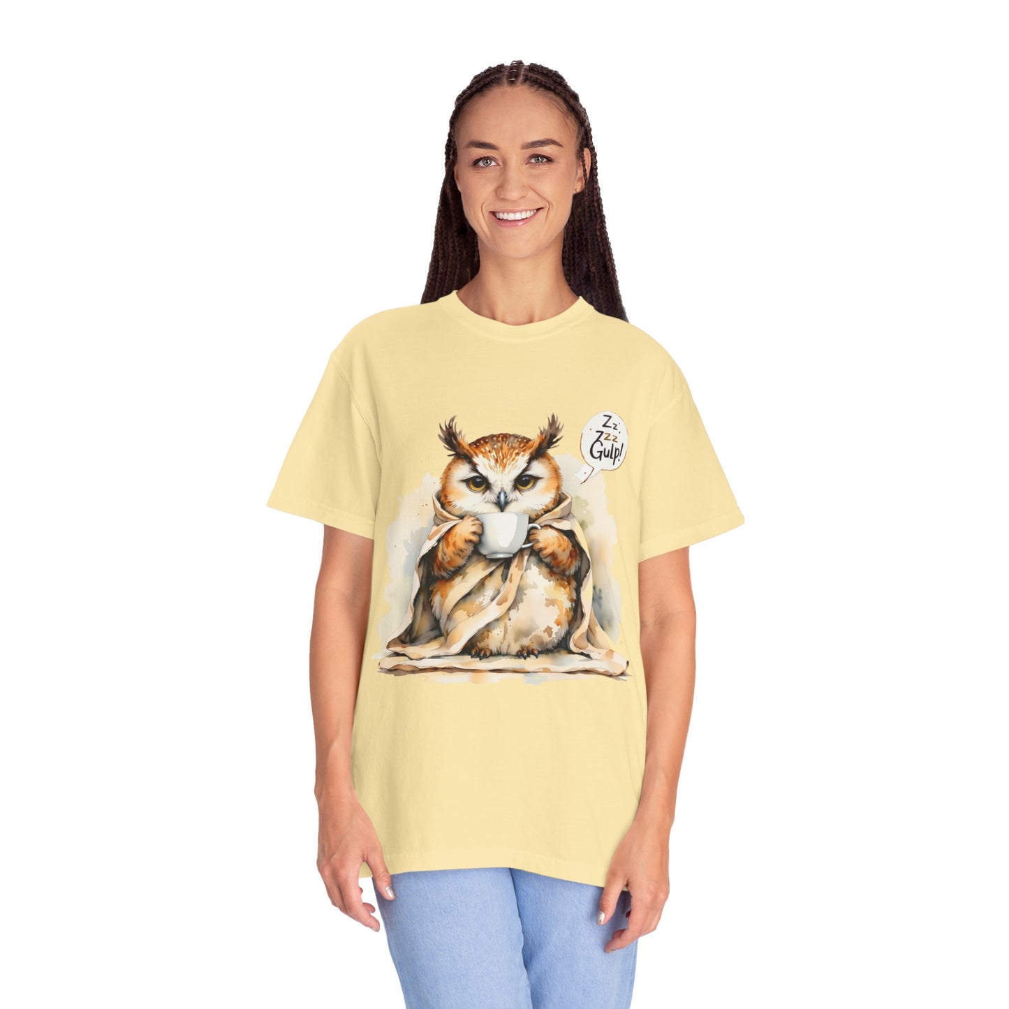 Cozy Owl Drinking Coffee T-Shirt – 'Zzz... Gulp!' Cute Morning Graphic Tee