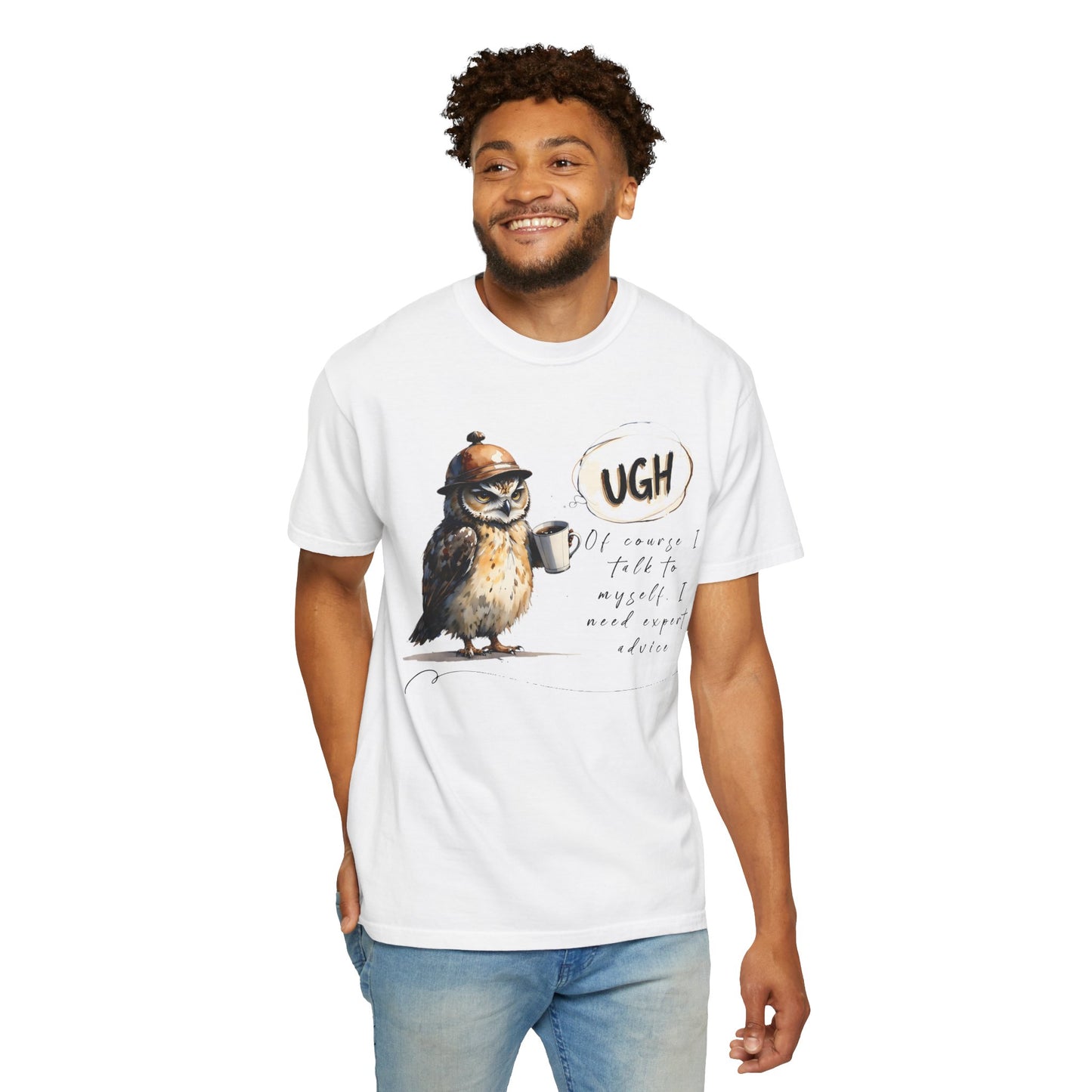 “Ugh” Owl Coffee T-Shirt — Cute Illustrated Owl Saying “UGH” with Coffee