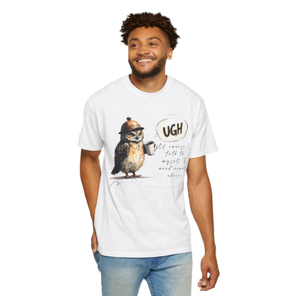 “Ugh” Owl Coffee T-Shirt — Cute Illustrated Owl Saying “UGH” with Coffee