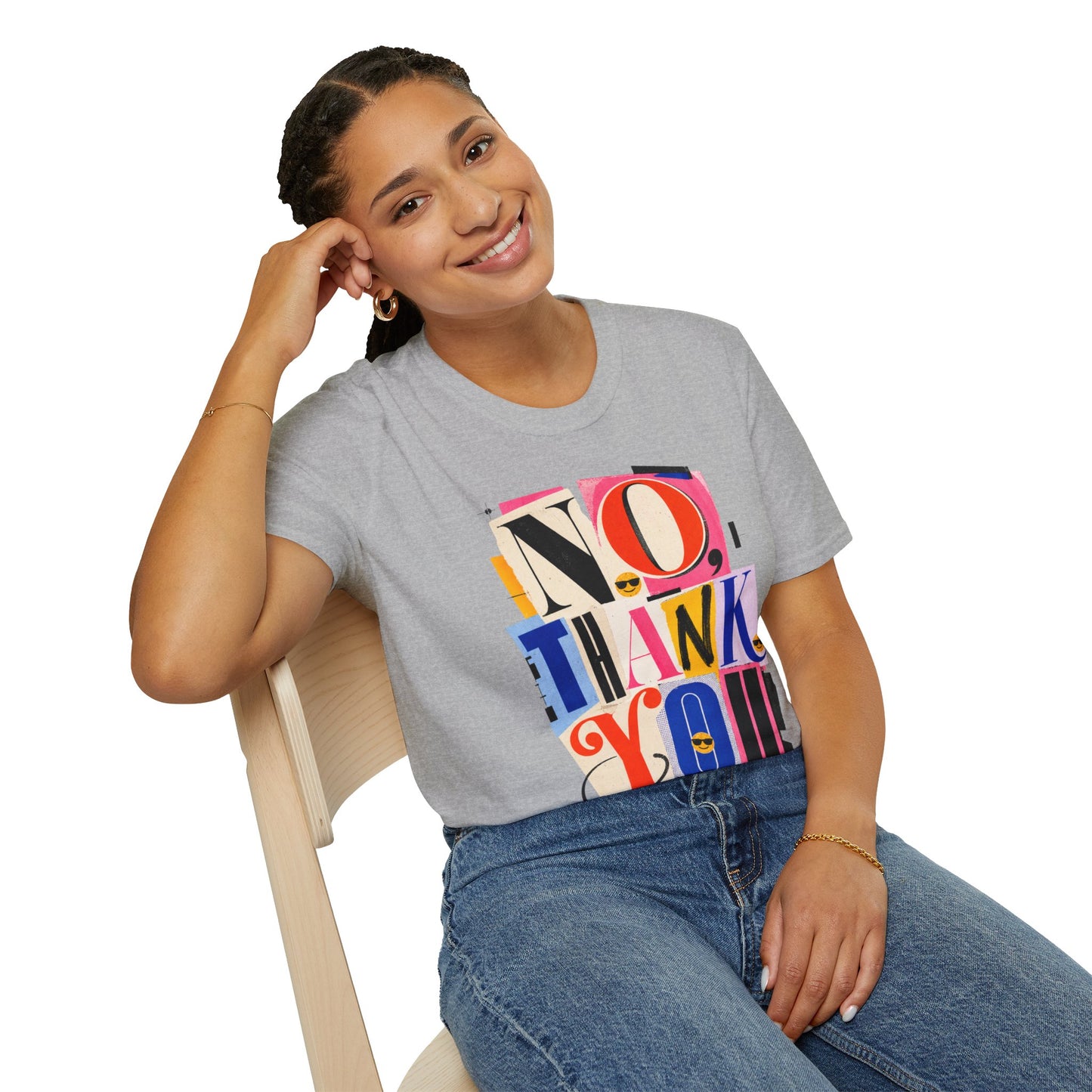 No, Thank You Graphic Tee — Colorful Bold Lettering T‑Shirt