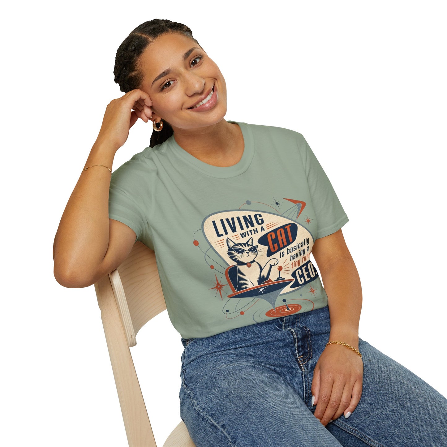 Cat T-Shirt — "Living with a Cat is Basically Having a Furry CEO" Retro Graphic