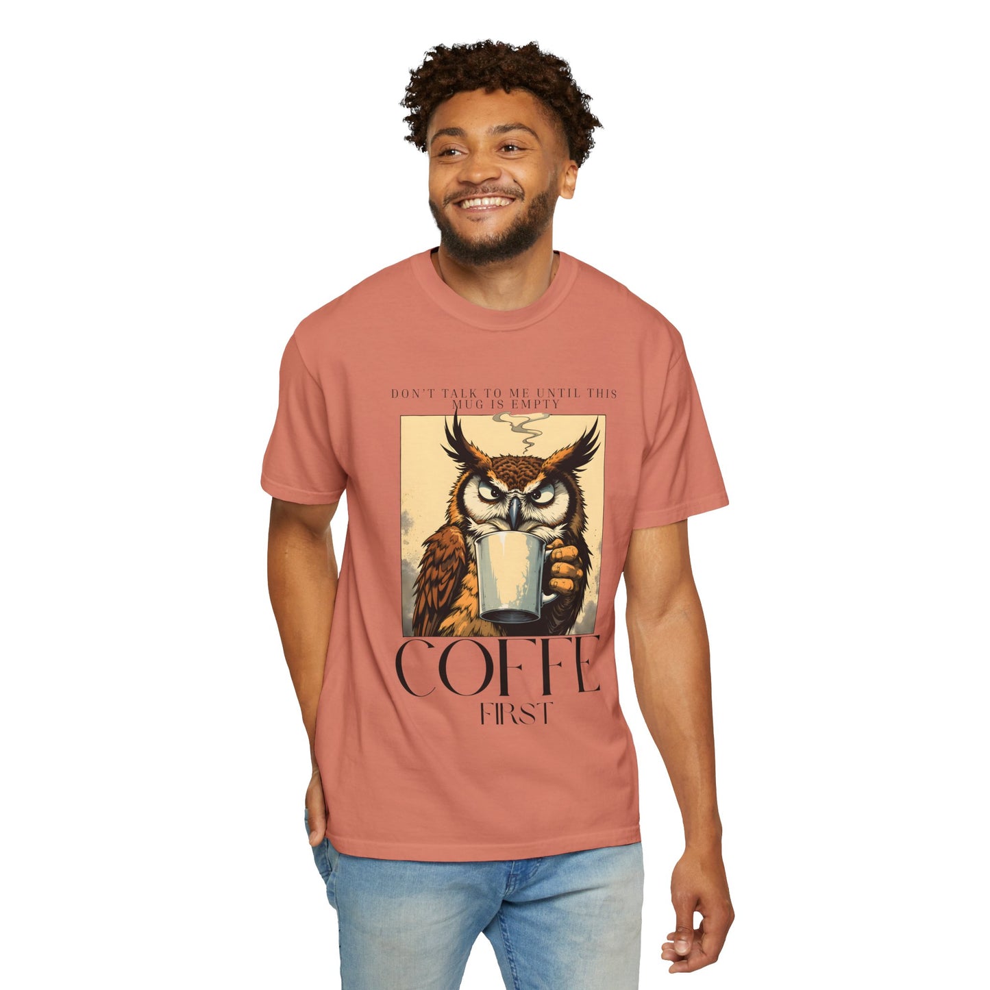 Coffee First Owl T-Shirt — Vintage Coffee Lover Graphic Tee