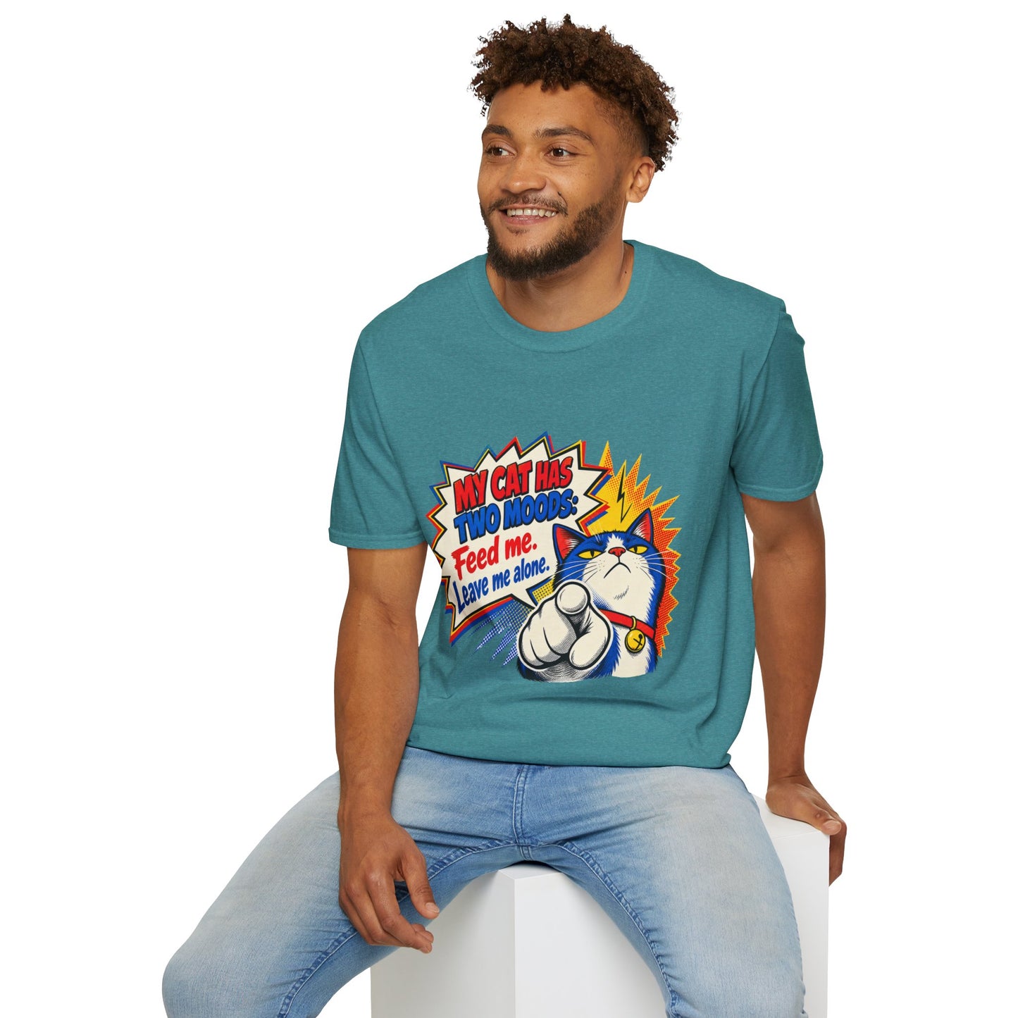 Cat T-Shirt — "My Cat Has Two Moods: Feed Me, Leave Me Alone" Funny Retro Comic Tee